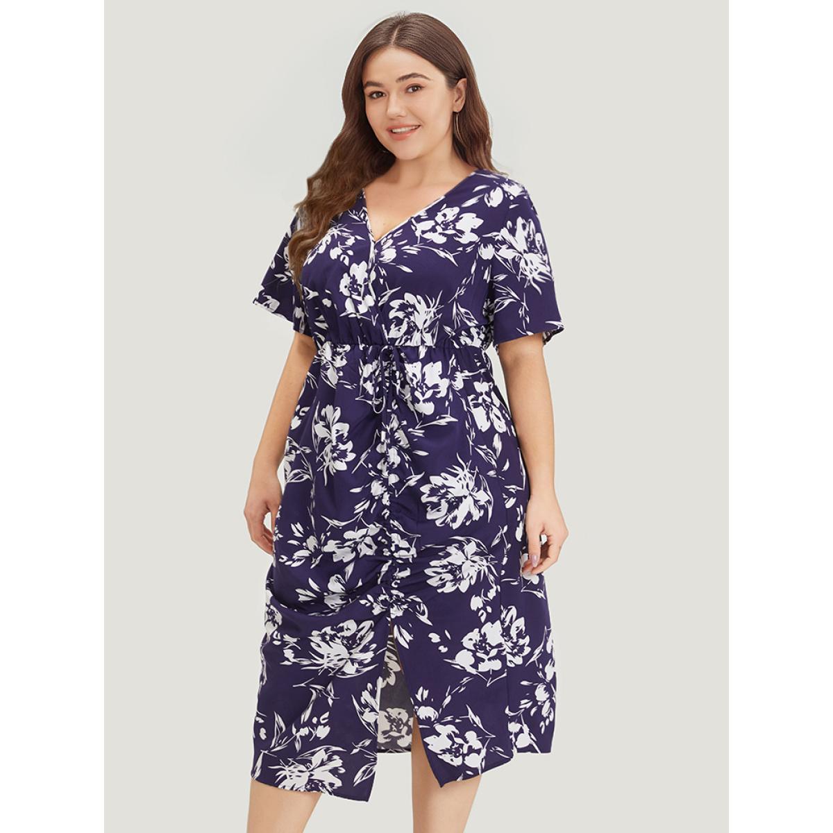 Plus Size Silhouette Floral Print Wrap Drawstring Split Hem Dress DarkBlue Women Elegant Elastic Waist V-neck Short sleeve Curvy Midi Dress BloomChic 12/L Product Image