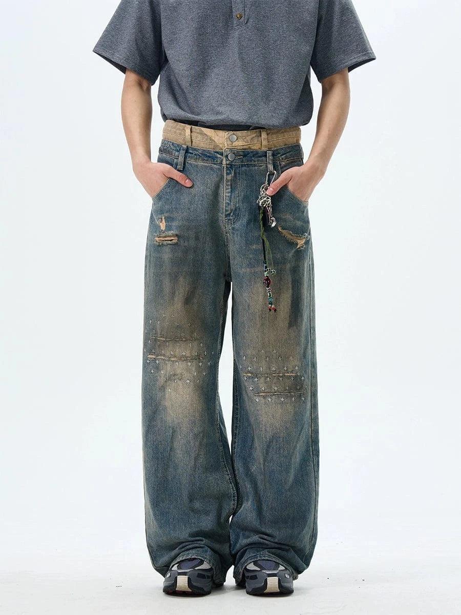RT No. 18053 DISTRESSED MUD WASHED DENIM STRAIGHT JEANS Product Image