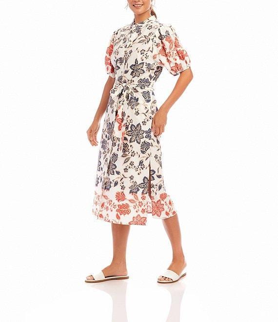 Karen Kane Floral Printed Mandarin Collar Puff Sleeve Belted Button-Front Midi Shirtdress Product Image