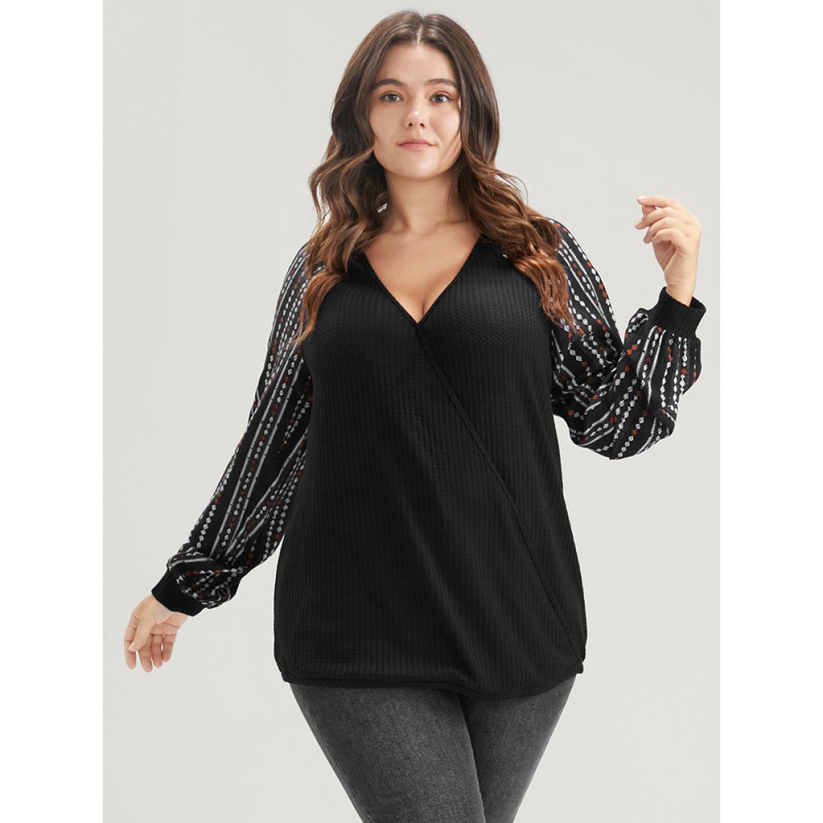 Plus Size Solid Patchwork Striped Lantern Sleeve Waffle Knit Wrap Sweatshirt Women Black Elegant Patchwork V-neck Dailywear Sweatshirts BloomChic 30/6X Product Image