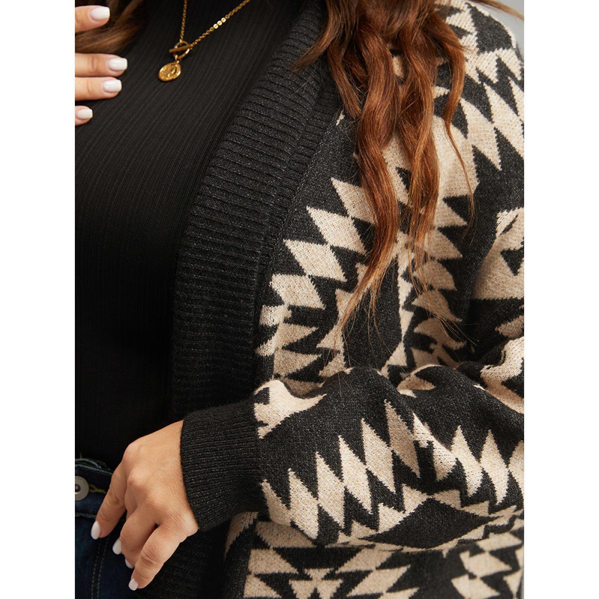 Plus Size Anti-Pilling Supersoft Essentials Geo Lapel Collar Cardigan Black Women Casual Loose Long Sleeve Everyday Cardigans BloomChic 10/M Product Image