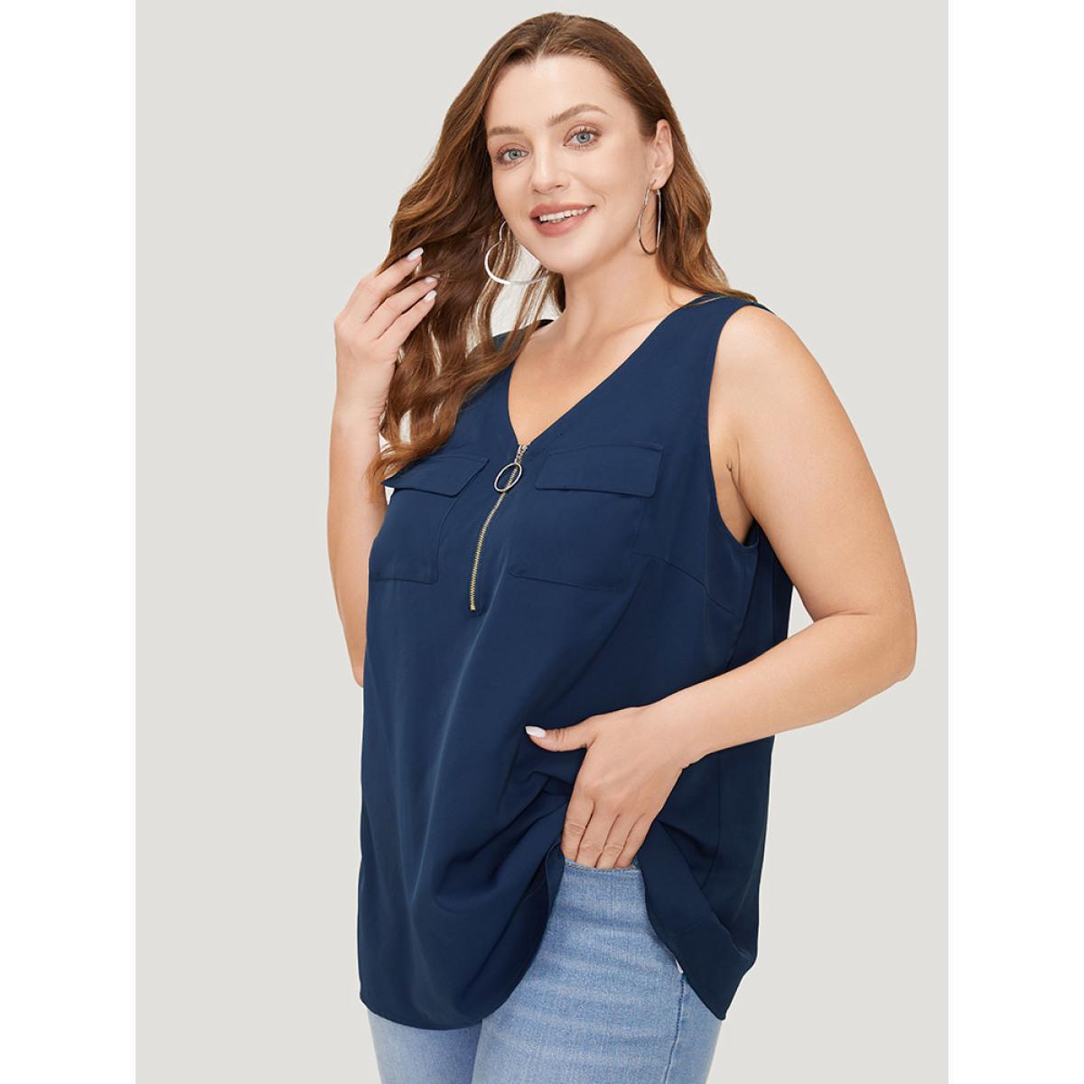 Plus Size Solid Half Zipper Flap Detail Tank Top Women Indigo Casual Zipper V-neck Dailywear Tank Tops Camis BloomChic 30/6X Product Image