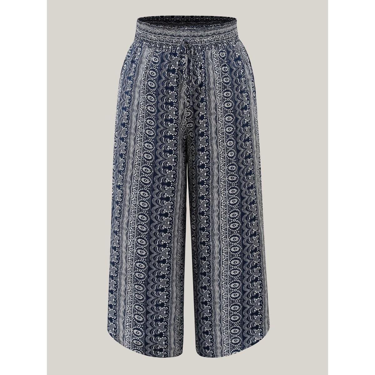 Plus Size Boho Print Shirred Waist Wide-Leg Pants Women Indigo Resort Wide Leg Mid Rise Vacation Pants BloomChic 12/L Product Image