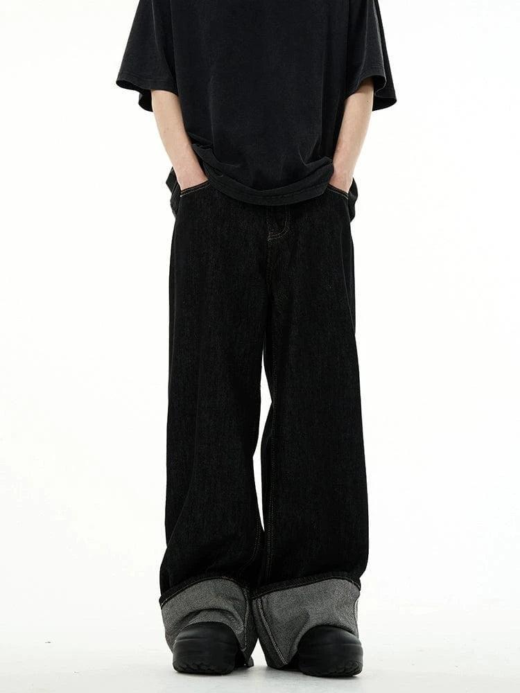 RT No. 18703 BLACK FOLDED RELAX STRAIGHT DENIM JEANS Product Image