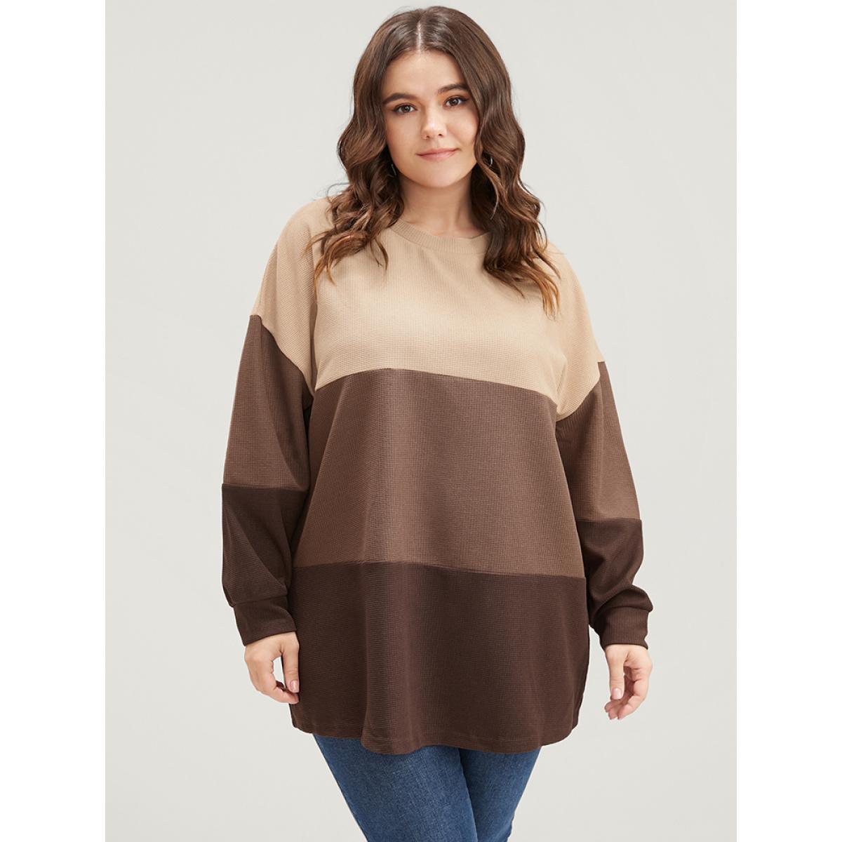 Plus Size Colorblock Contrast Round Neck Drop Shoulder Sweatshirt Women Tan Casual Patchwork Round Neck Dailywear Sweatshirts BloomChic 30/6X Product Image
