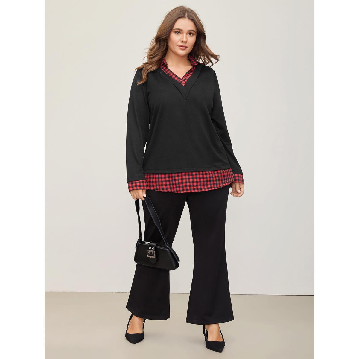 Plus Size Gingham Patchwork Shirt Collar Arc Hem Sweatshirt Women Multicolor Casual Patchwork V-neck Everyday Sweatshirts BloomChic 14-16/1X Product Image