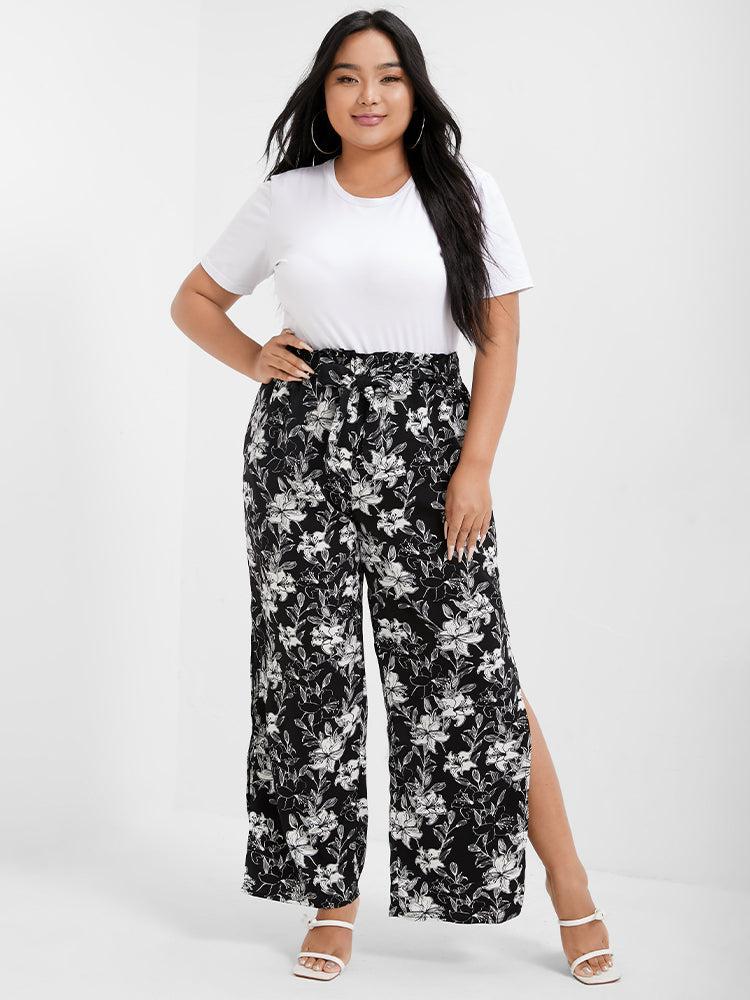 Floral Print Pocket Split Straight Pants Female Product Image