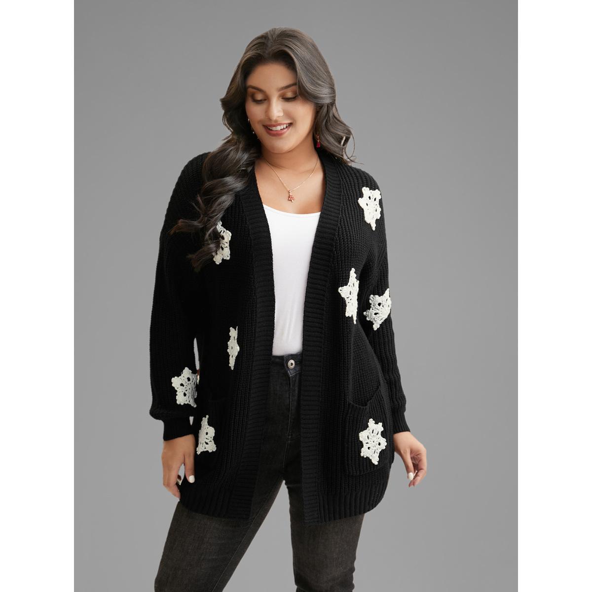 Plus Size Snowflakes Embroidered Open Cardigan Black Women Casual Loose Long Sleeve Everyday Cardigans BloomChic 22-24/3X Product Image