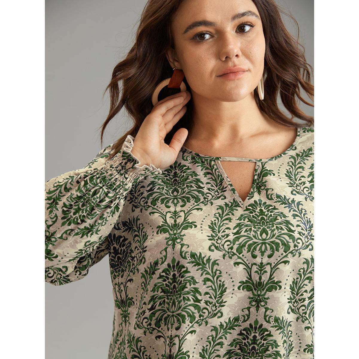 Plus Size Green Bandana Print Keyhole Shirred Lantern Sleeve Blouse Women Vacation Long Sleeve Keyhole Cut-Out Vacation Blouses BloomChic 18-20/2X Product Image