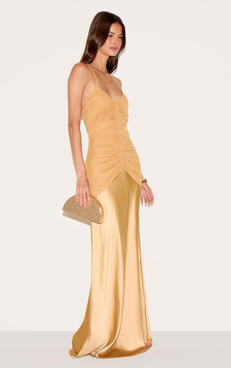 Mustard Ruched Detail Satin Maxi Slip Dress Product Image