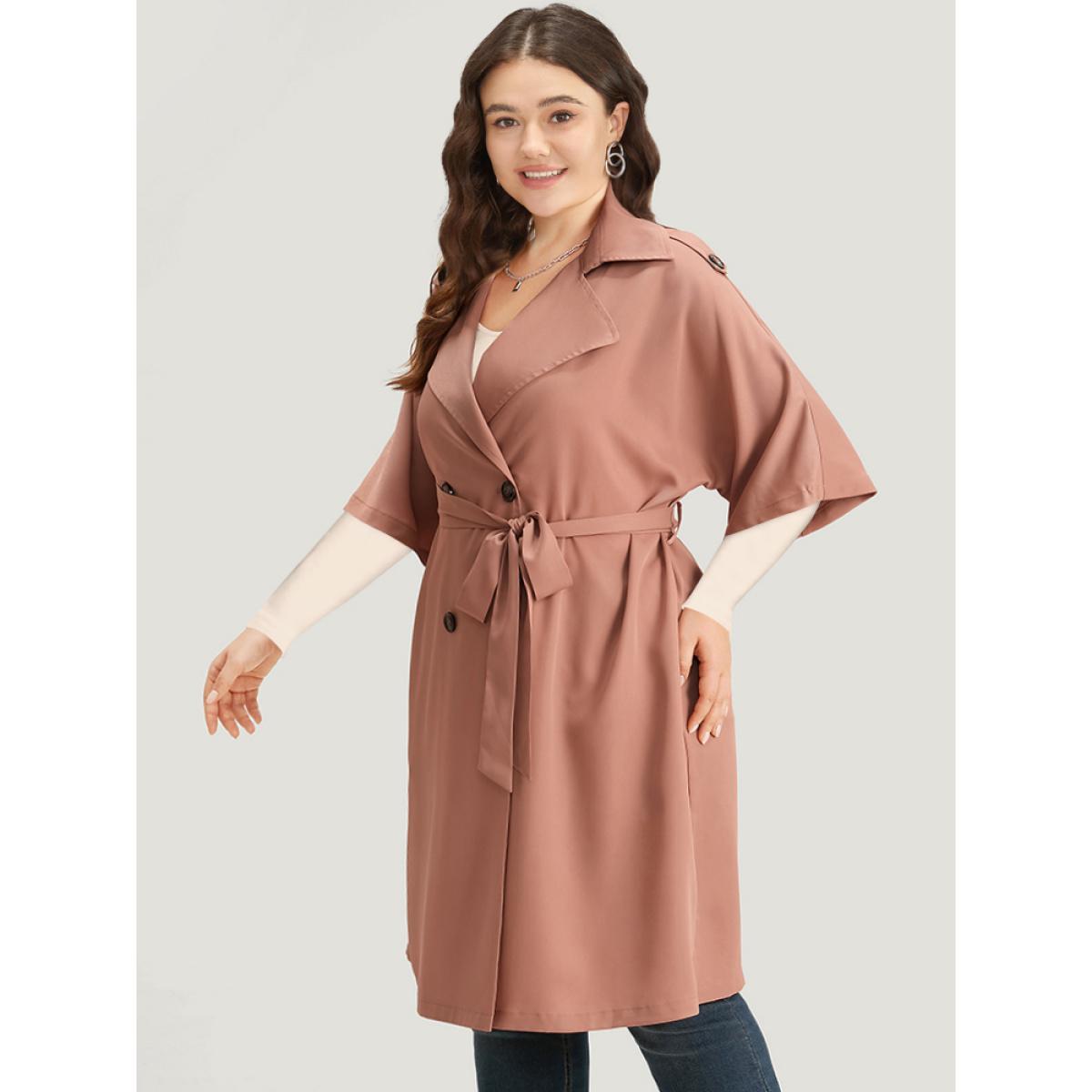 Plus Size Plain Pocket Button Up Belted Lapel Collar Coat Women Rouge Casual Plain Ladies Dailywear Winter Coats BloomChic 18-20/2X Product Image
