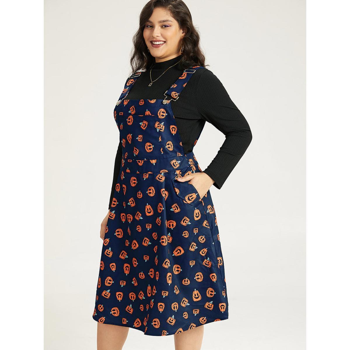 Plus Size Halloween Pocket Pumpkin Print Overall Cami Dress Black Women Casual Adjustable Straps Spaghetti Strap Sleeveless Curvy Midi Dress BloomChic 28/5X Product Image