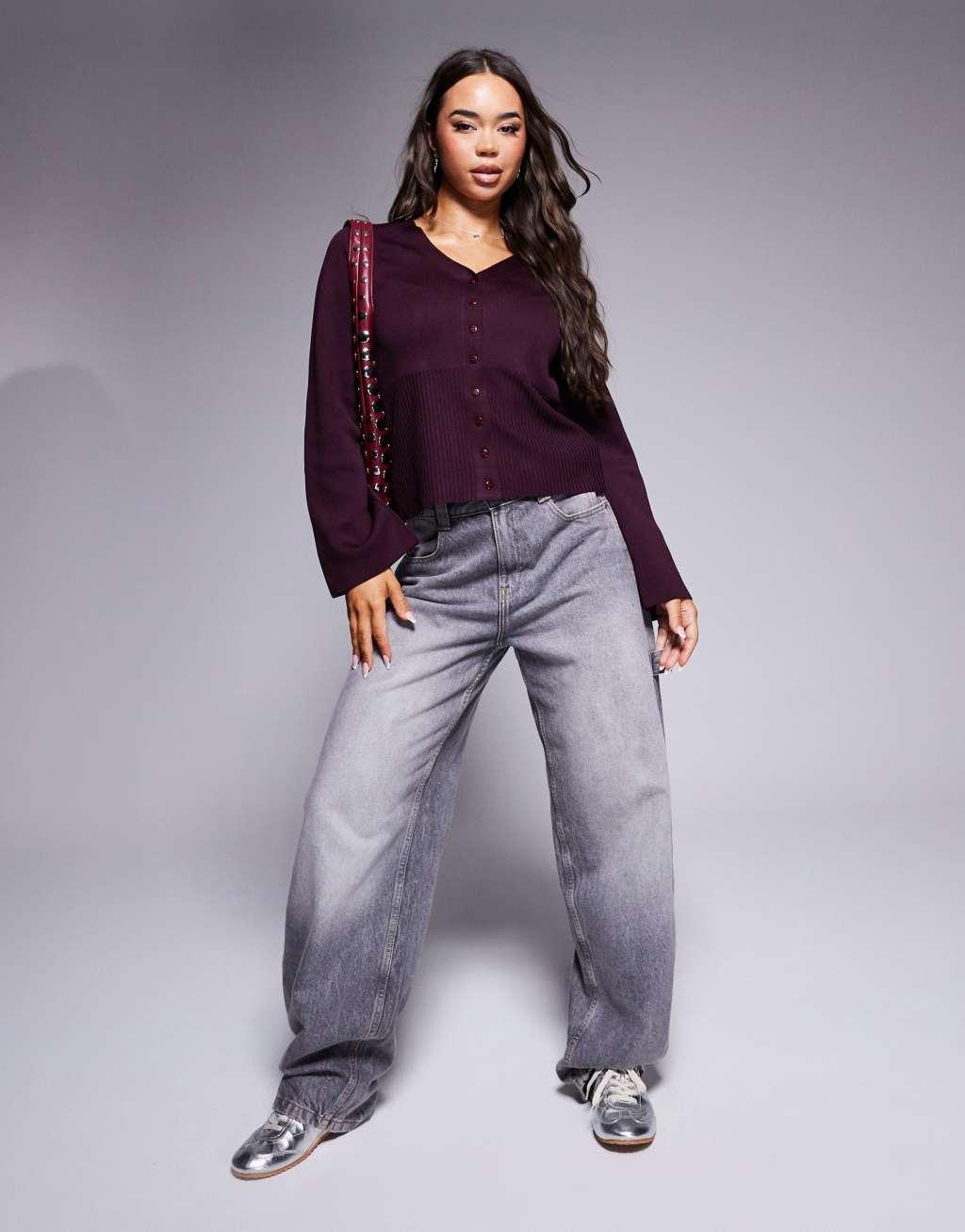 ASOS DESIGN cinched waist compact knit cardigan in burgundy Product Image