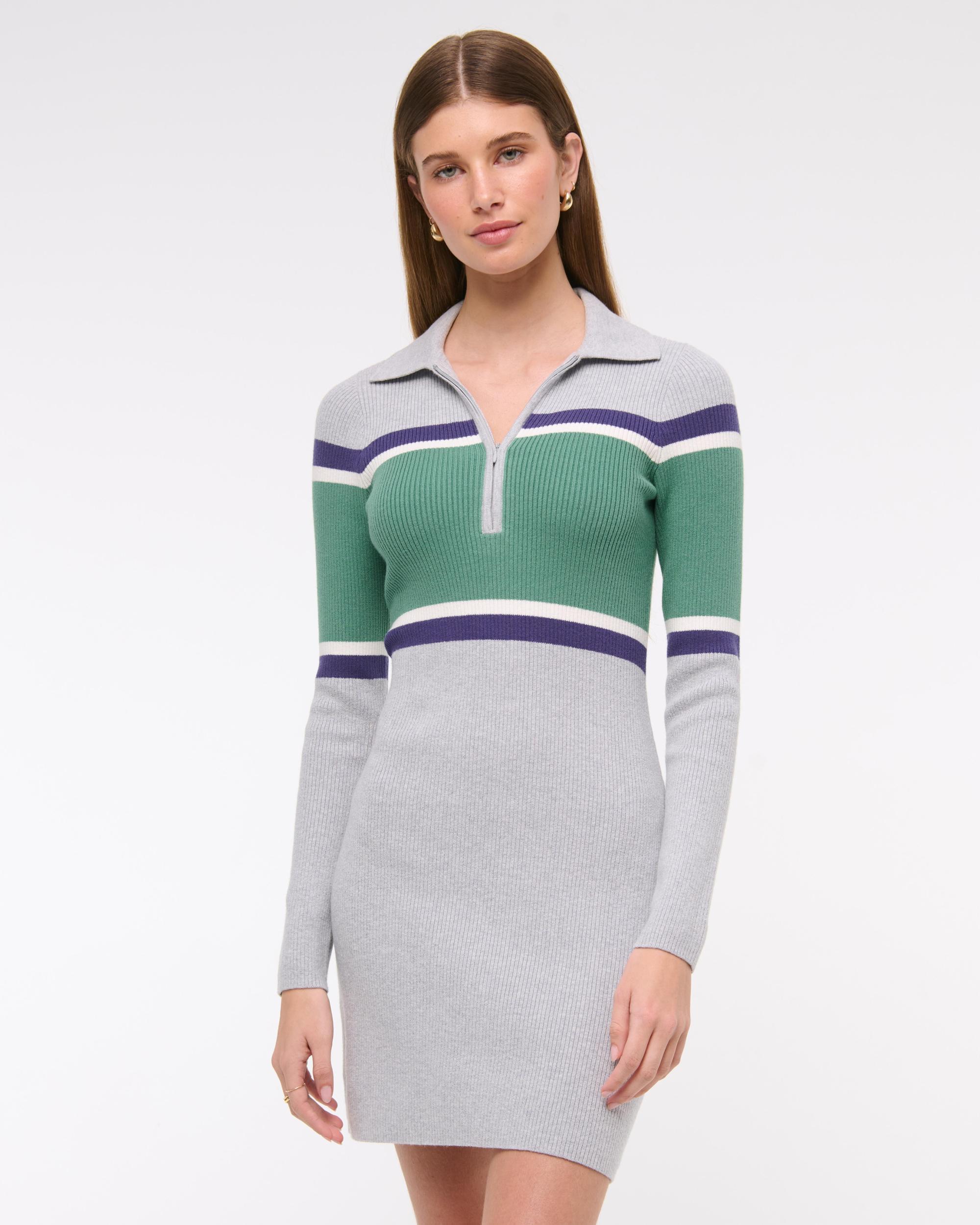 Long-Sleeve Half-Zip Mini Sweater Dress Product Image