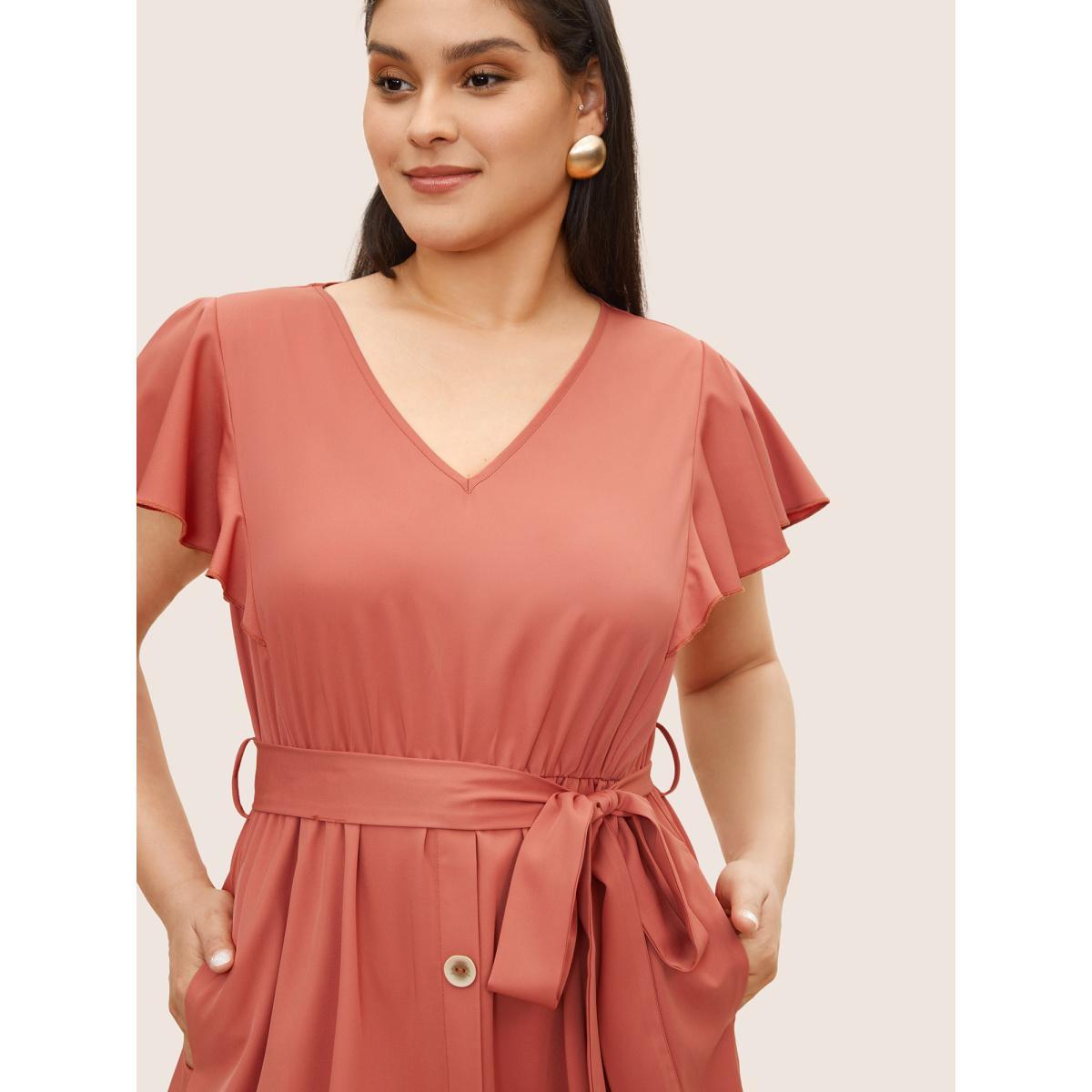 Plus Size Plain Ruffle Cap Sleeve Button Detail Dress Crimson Women At the Office Belted V-neck Cap Sleeve Curvy Midi Dress BloomChic 22-24/3X Product Image