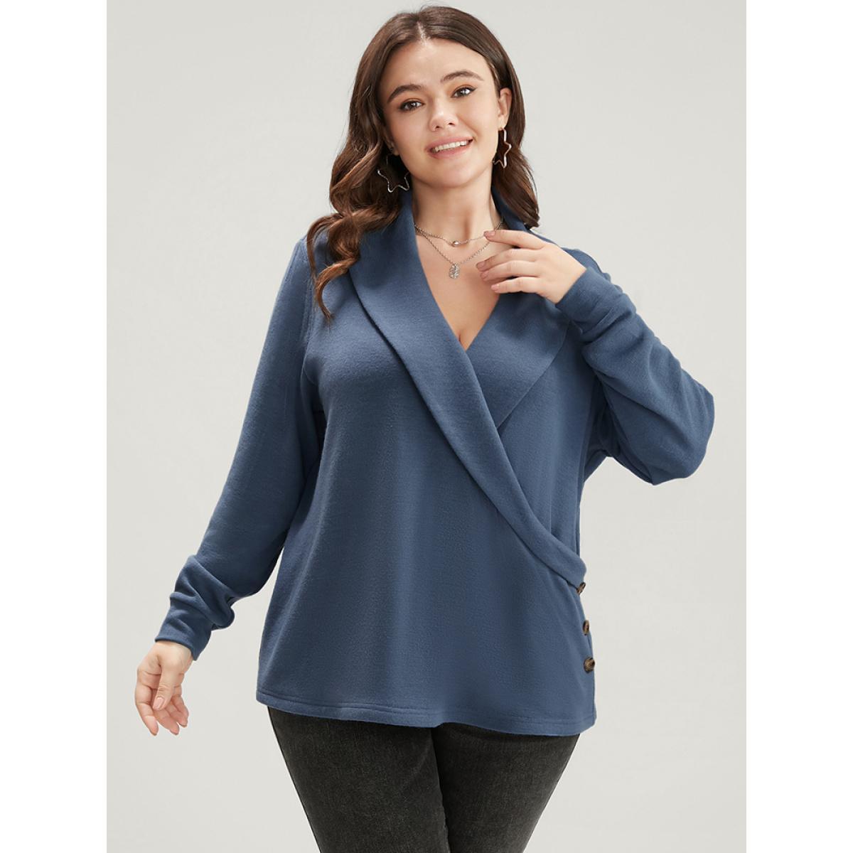 Plus Size Solid Button Detail Lapel Collar Sweatshirt Women Stone Office Wrap Lapel Collar Dailywear Sweatshirts BloomChic 18-20/2X Product Image