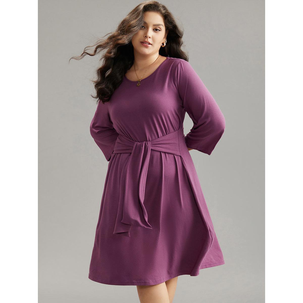 Plus Size Solid Ties Knot Round Neck Dress Mauve Women Basics Plain Round Neck Long Sleeve Curvy Midi Dress BloomChic 30/6X Product Image