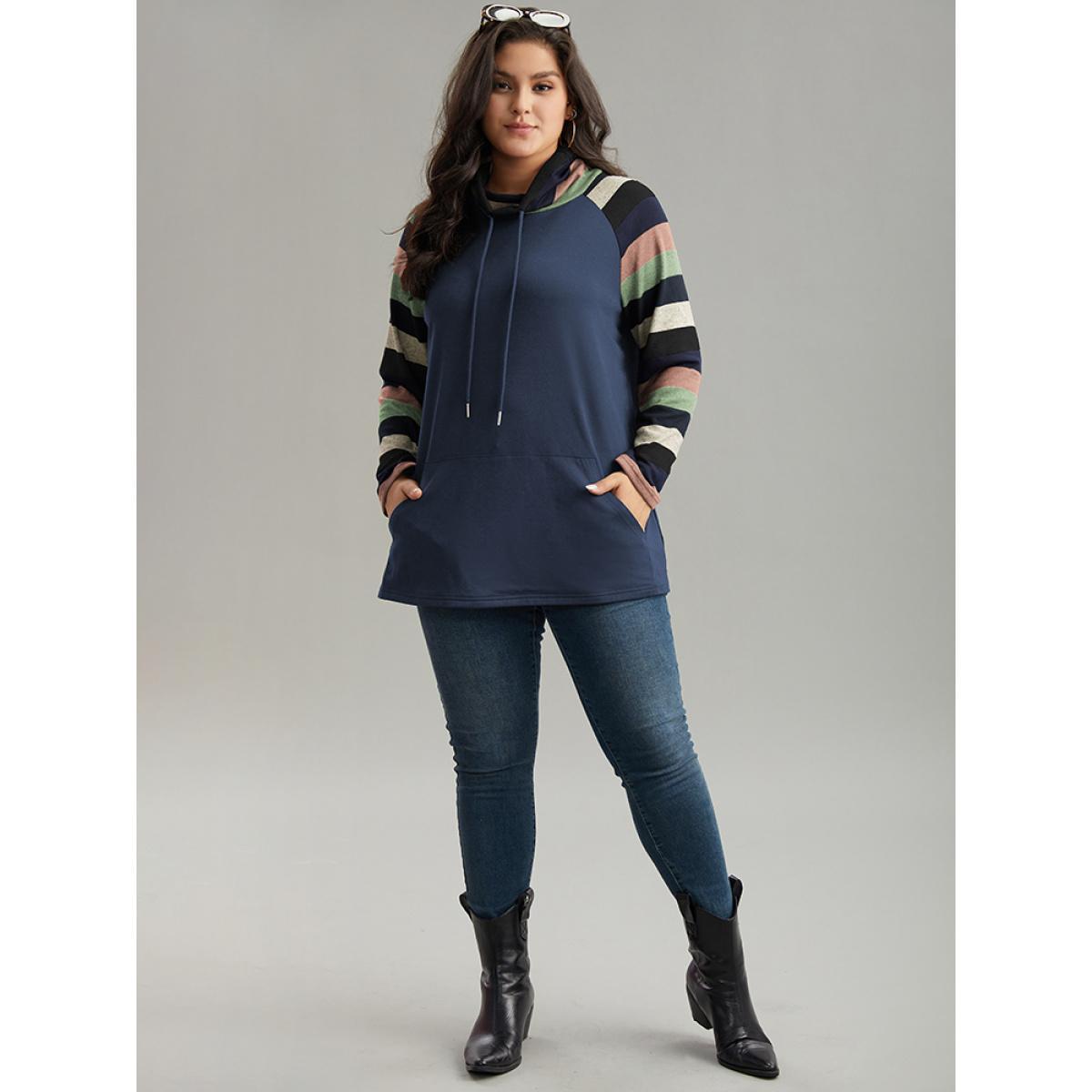 Plus Size Mock Neck Colour Striped Drawstring Sweatshirt Women Indigo Casual Patchwork Mock Neck Dailywear Sweatshirts BloomChic 10/M Product Image