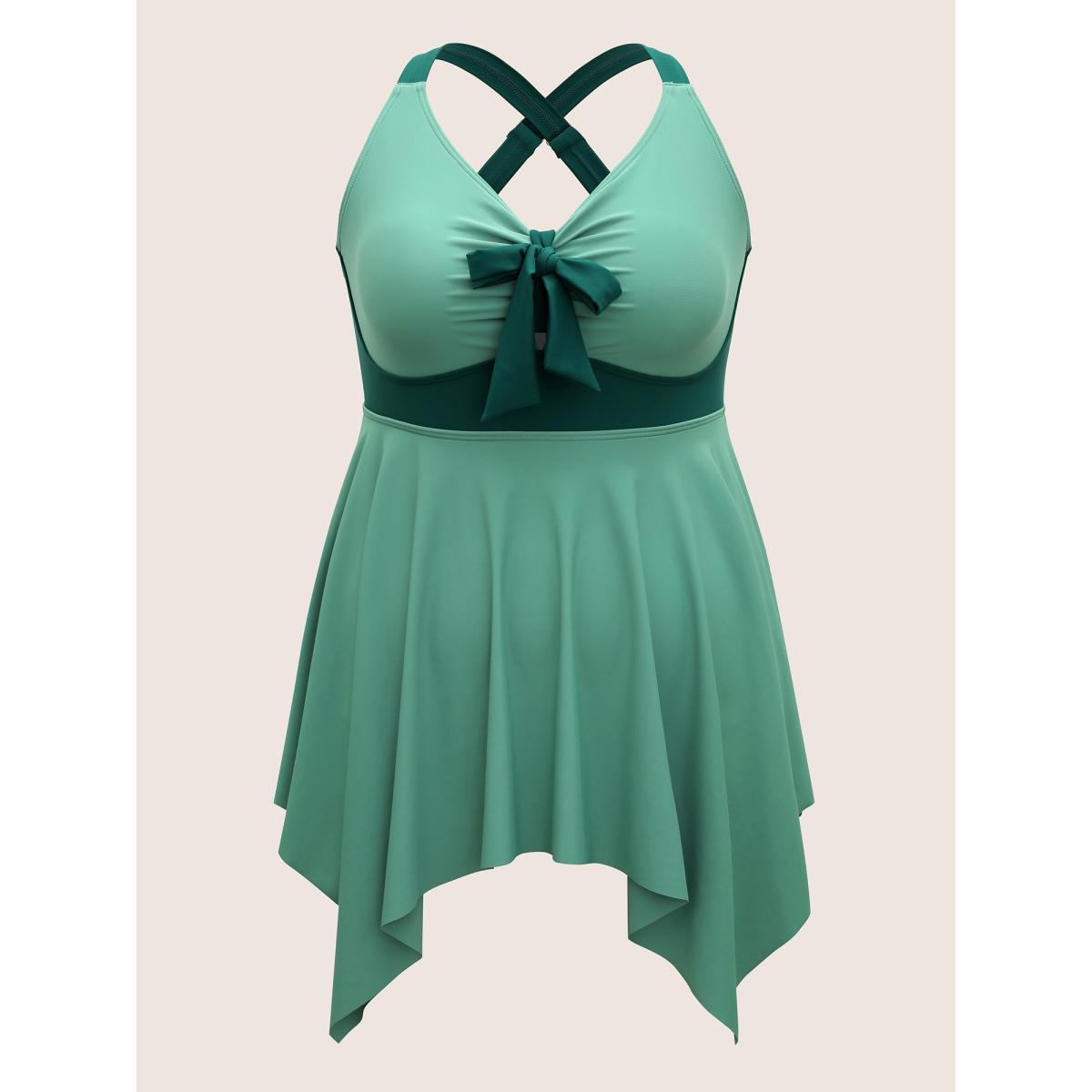 Plus Size Plain Patchwork Bowknot Hanky Hem Swim Dress Women's Swimwear Mint Beach Bodycon V-neck High stretch Curve Swim Dresses BloomChic 10/M Product Image