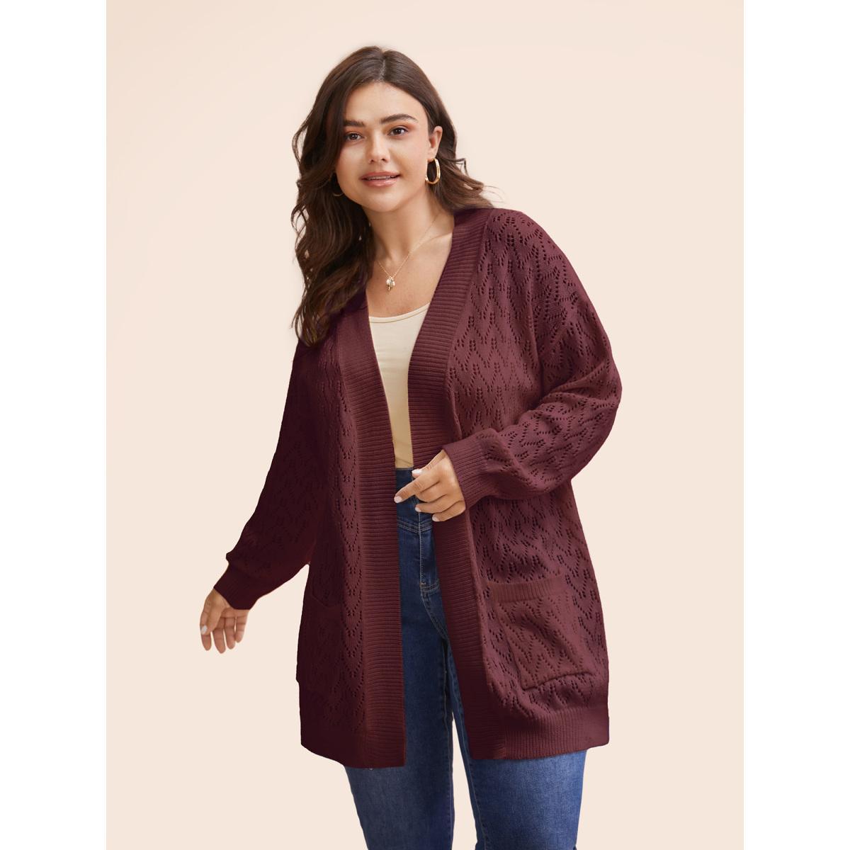 Plus Size Kimono Collar Patch Pocket Pointelle Knit Cardigan Plum Women Casual Loose Long Sleeve Everyday Cardigans BloomChic 18-20/2X Product Image