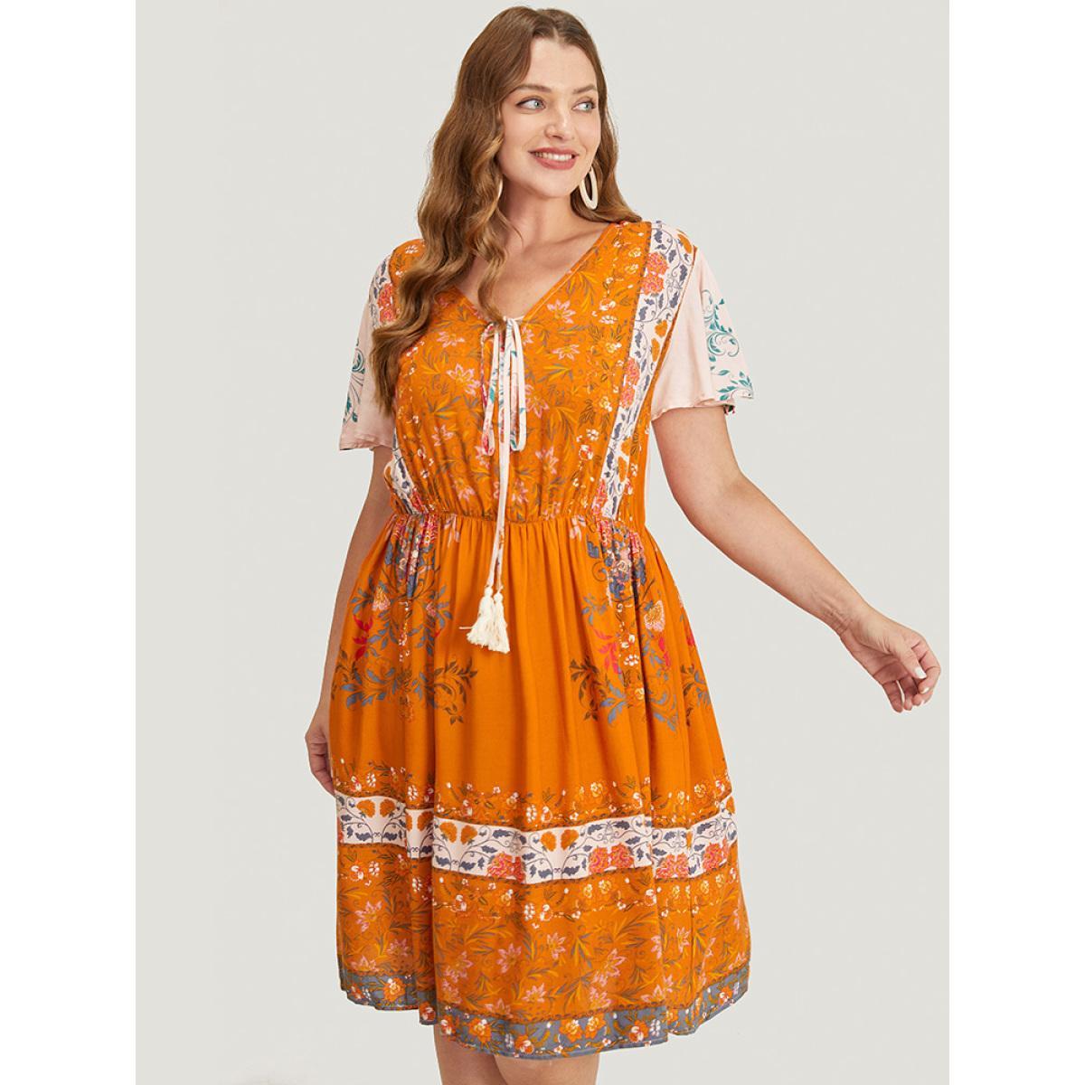 Plus Size Bandana Print Ruffle Sleeve Pocket Tie Neck Tassels Dress Coral Women Vacation Tassels Tie Neck Short sleeve Curvy Knee Dress BloomChic 14-16/1X Product Image