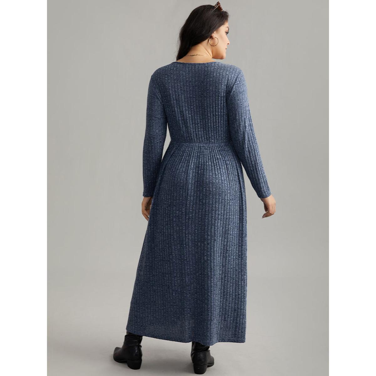 Plus Size Solid Rib Knit Overlap Collar Pocket Dress Indigo Women Casual Texture Overlap Collar Long Sleeve Curvy Midi Dress BloomChic 10/M Product Image