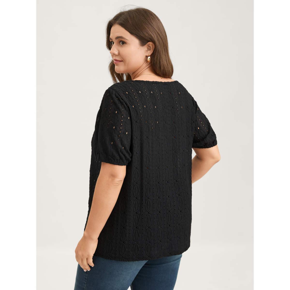 Plus Size Eyelet Trim Floral Embroidered Solid T-Shirt Black Women Woven ribbon&lace trim Square Neck Everyday-Elegant T-shirts BloomChic 14-16/1X Product Image