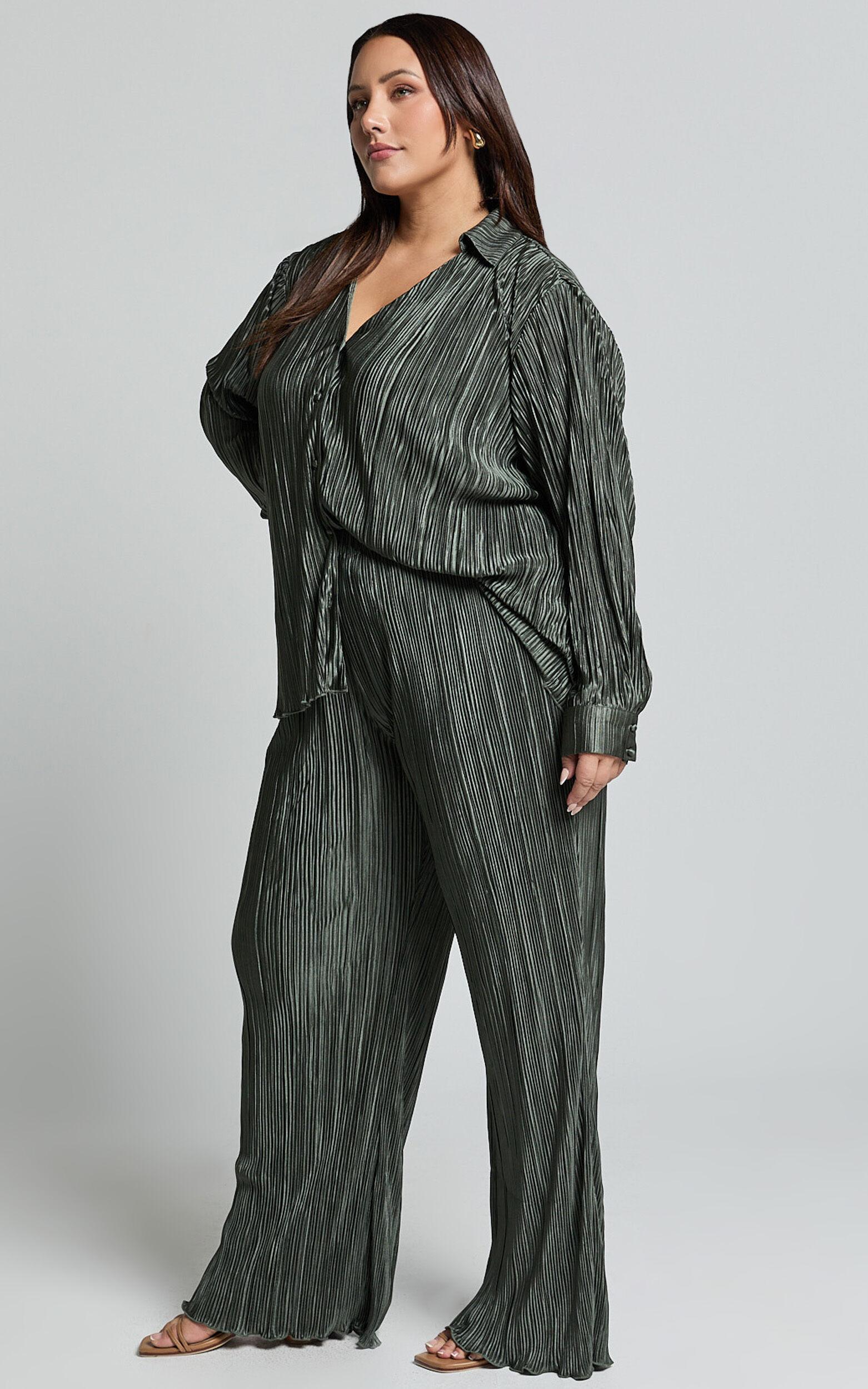 Beca Pants - High Waisted Plisse Flared Pants in Olive Product Image