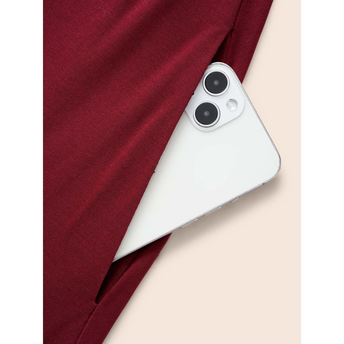 Plus Size Solid V Neck Elastic Waist Midi Dress Burgundy Women Casual Non V-neck Elbow-length sleeve Curvy BloomChic 28/5X Product Image
