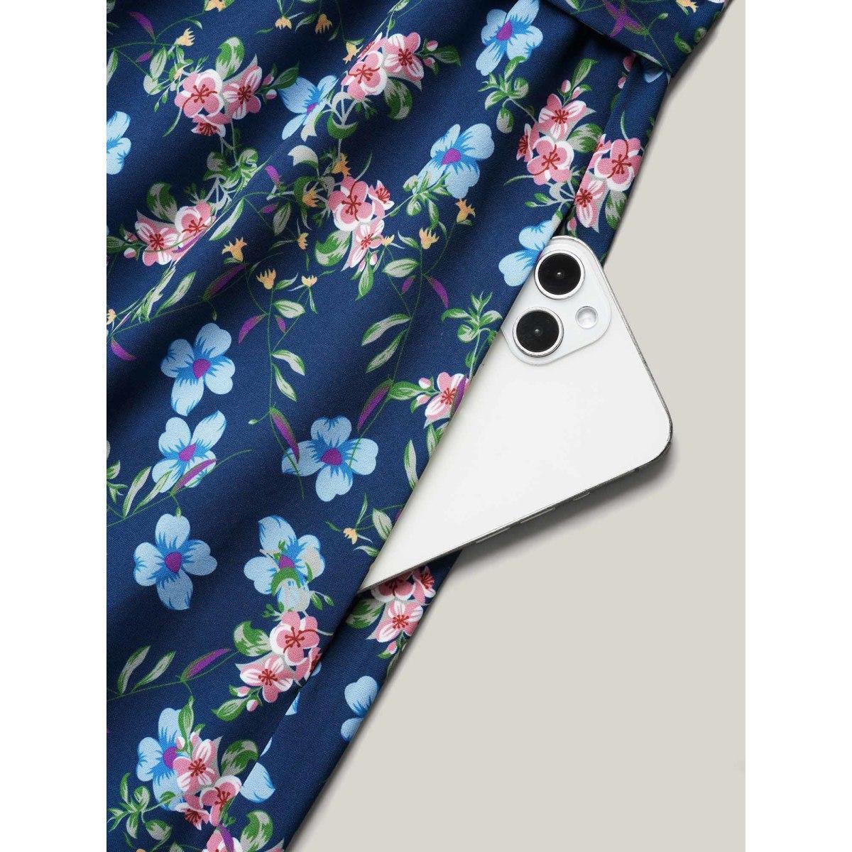 Plus Size Floral Print Belted Stretchy Waist Midi Dress Navy Women Elegant Gathered Halter neck Sleeveless Curvy BloomChic 12/L Product Image