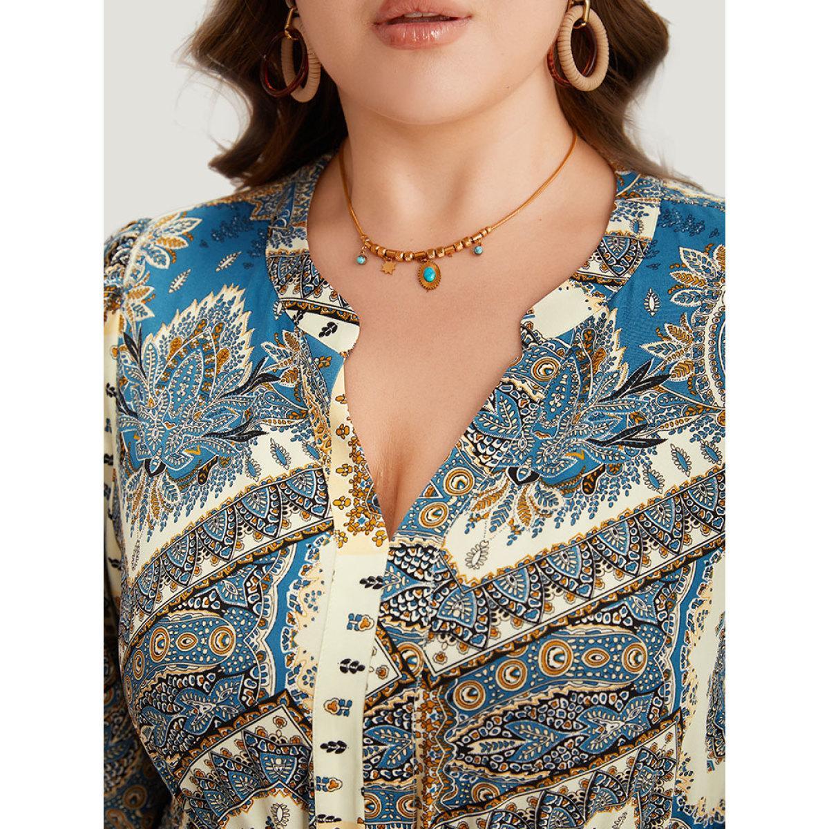 Plus Size Bandana Print Notched Lantern Sleeve Dress Cerulean Women Vacation Elastic cuffs Notched collar Elbow-length sleeve Curvy Midi Dress BloomChic 14-16/1X Product Image