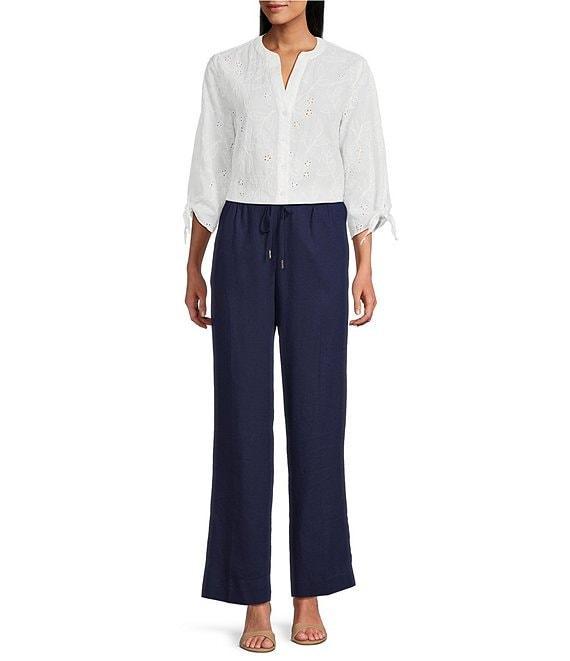Jones New York Embroidered 3/4 Tie Sleeve Button Front Blouse Product Image
