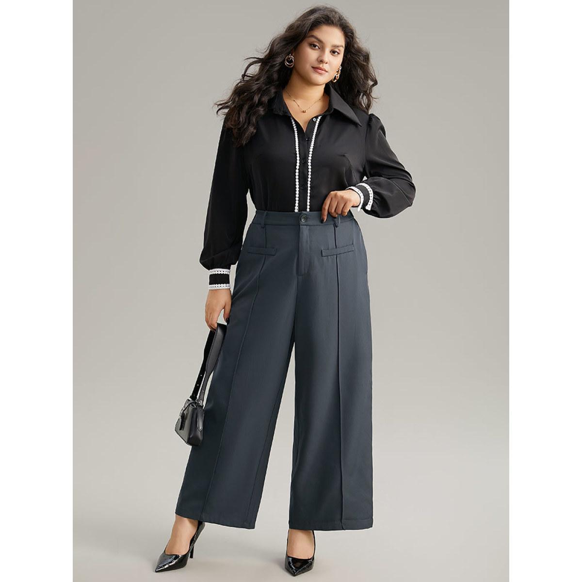Plus Size Static-Free Plain High Rise Elastic Waist Pants Women DimGray Office Straight Leg High Rise Work Pants BloomChic 22-24/3X Product Image