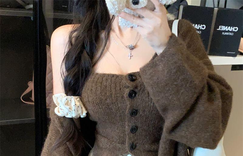 Set: Plain Button Knit Tube Top + Long Cardigan Product Image