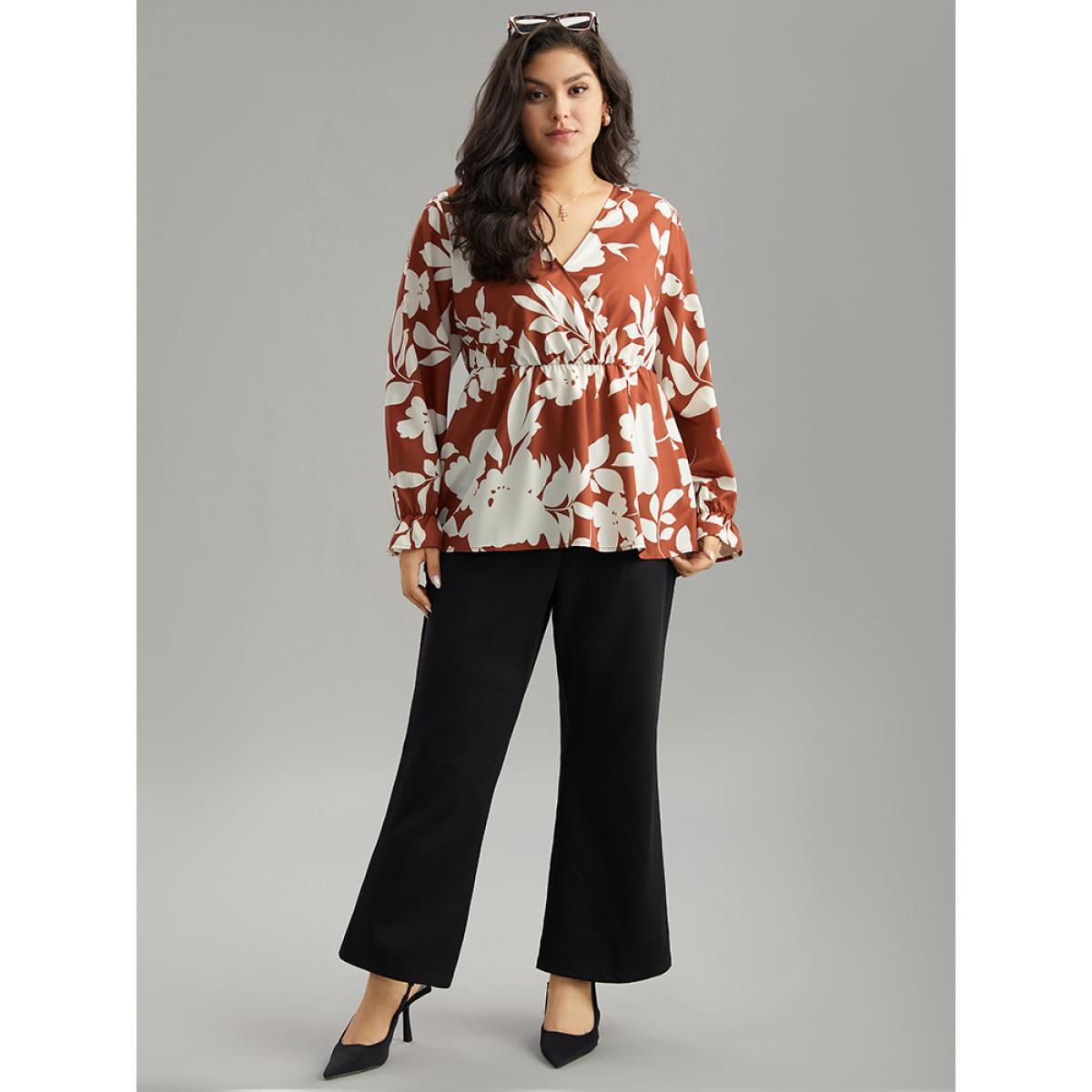 Plus Size Chocolate Silhouette Floral Print Elastic Waist Blouse Women Elegant Long Sleeve V-neck Dailywear Blouses BloomChic 10/M Product Image