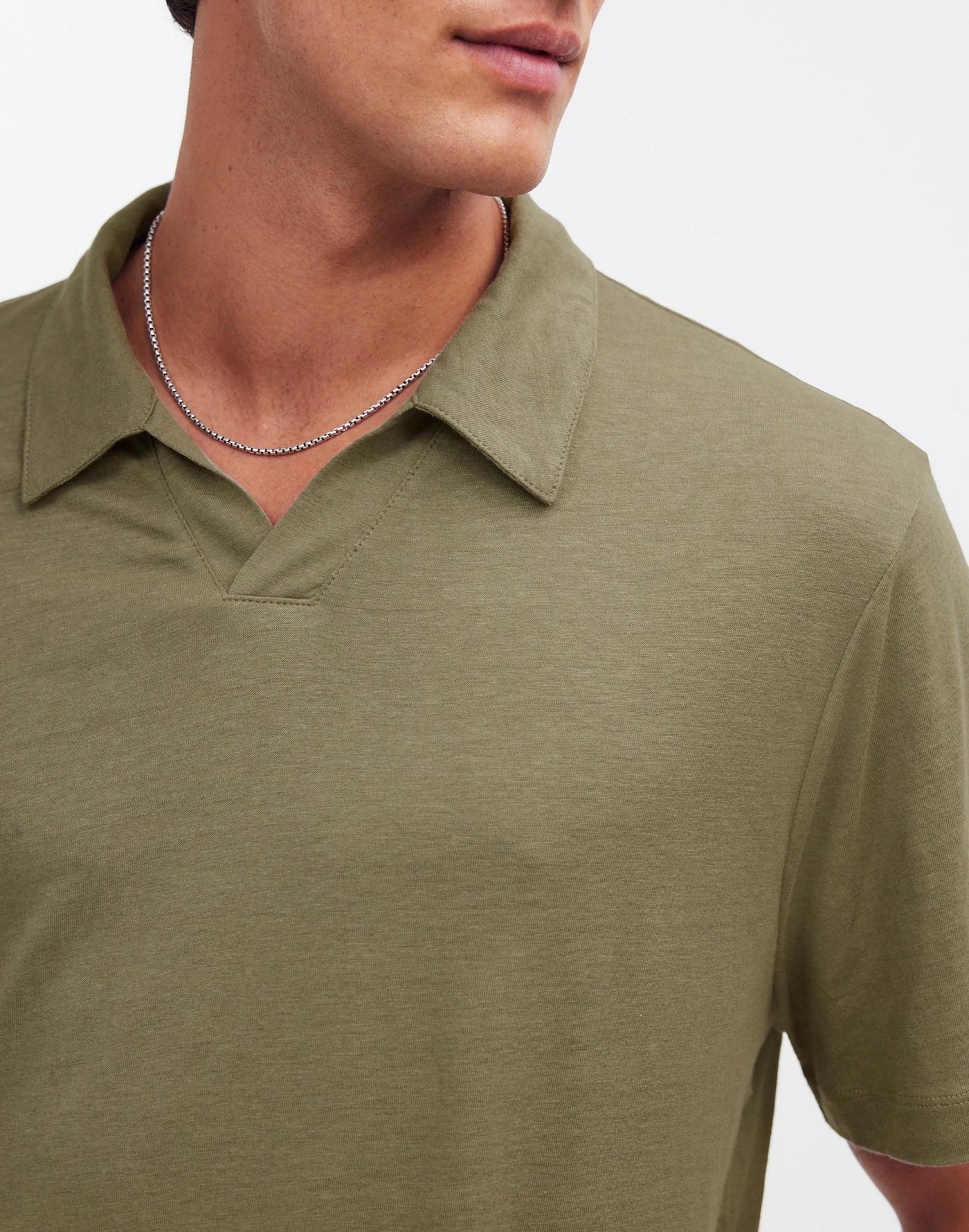 Linen-Blend Johnny-Collar Knit Polo Shirt Product Image