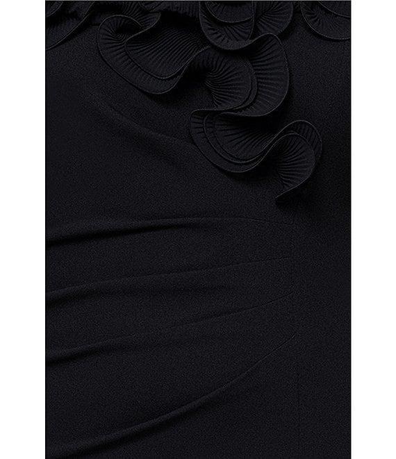 Xscape Plus Size Scuba Crepe V-Neck Sleeveless Wire Ruffle Trim Ruched Back Dress Product Image
