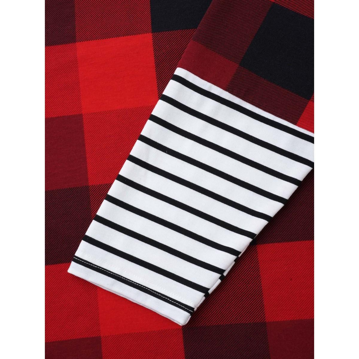 Plus Size Plaid Hooded Drawstring Straight Fit Tee Brightred Women Casual Contrast Hooded Everyday T-shirts BloomChic 18-20/2X Product Image