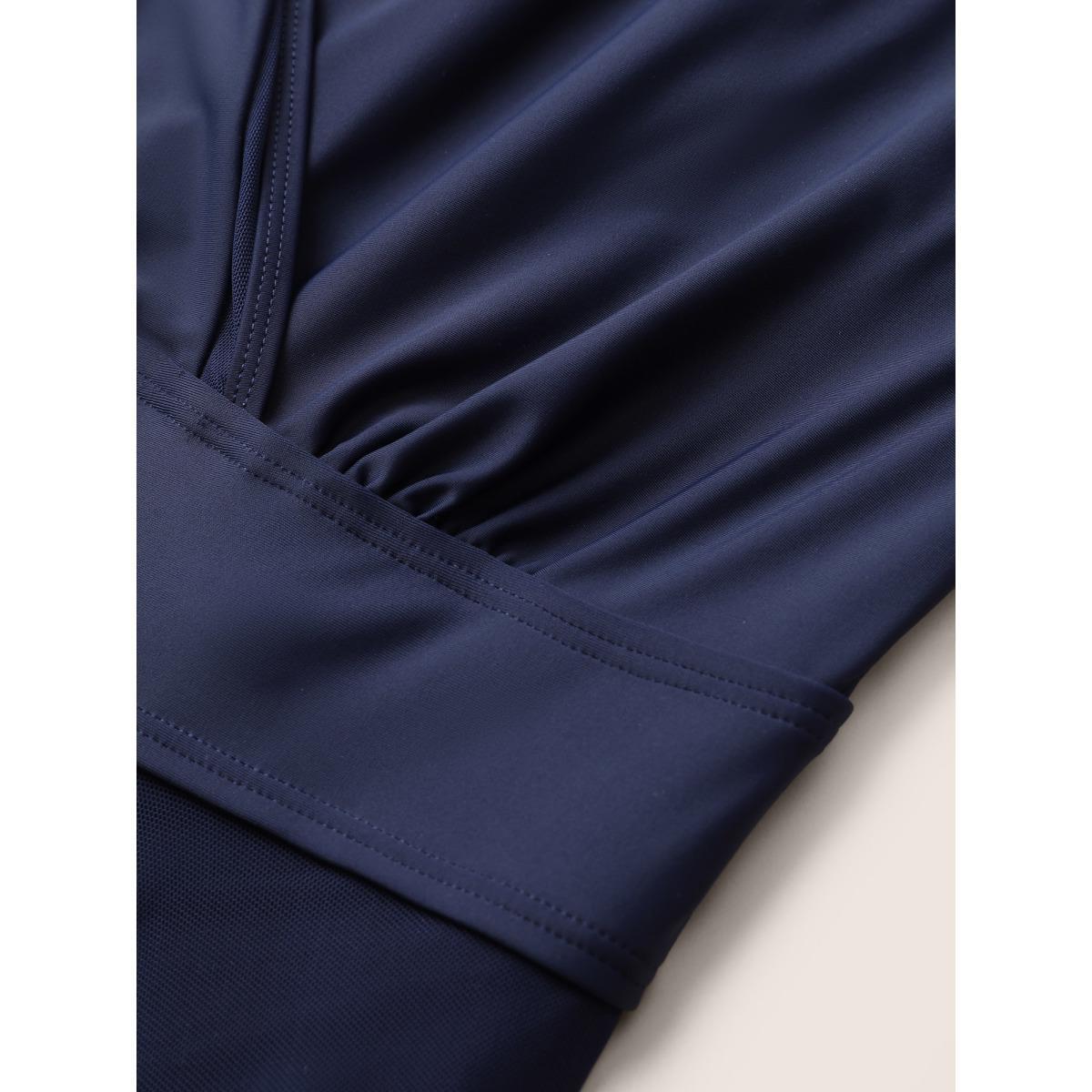 Plus Size Overlap Collar Mesh Patchwork Flutter Hem Swim Dress Women's Swimwear Indigo Beach Skinny V-neck High stretch Curve Swim Dresses BloomChic 14-16/1X Product Image