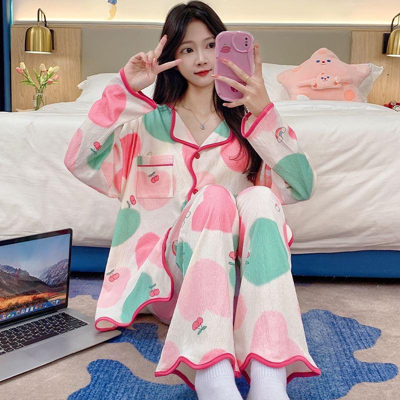 Pajama Set: Patterned Padded Shirt + Pants Product Image
