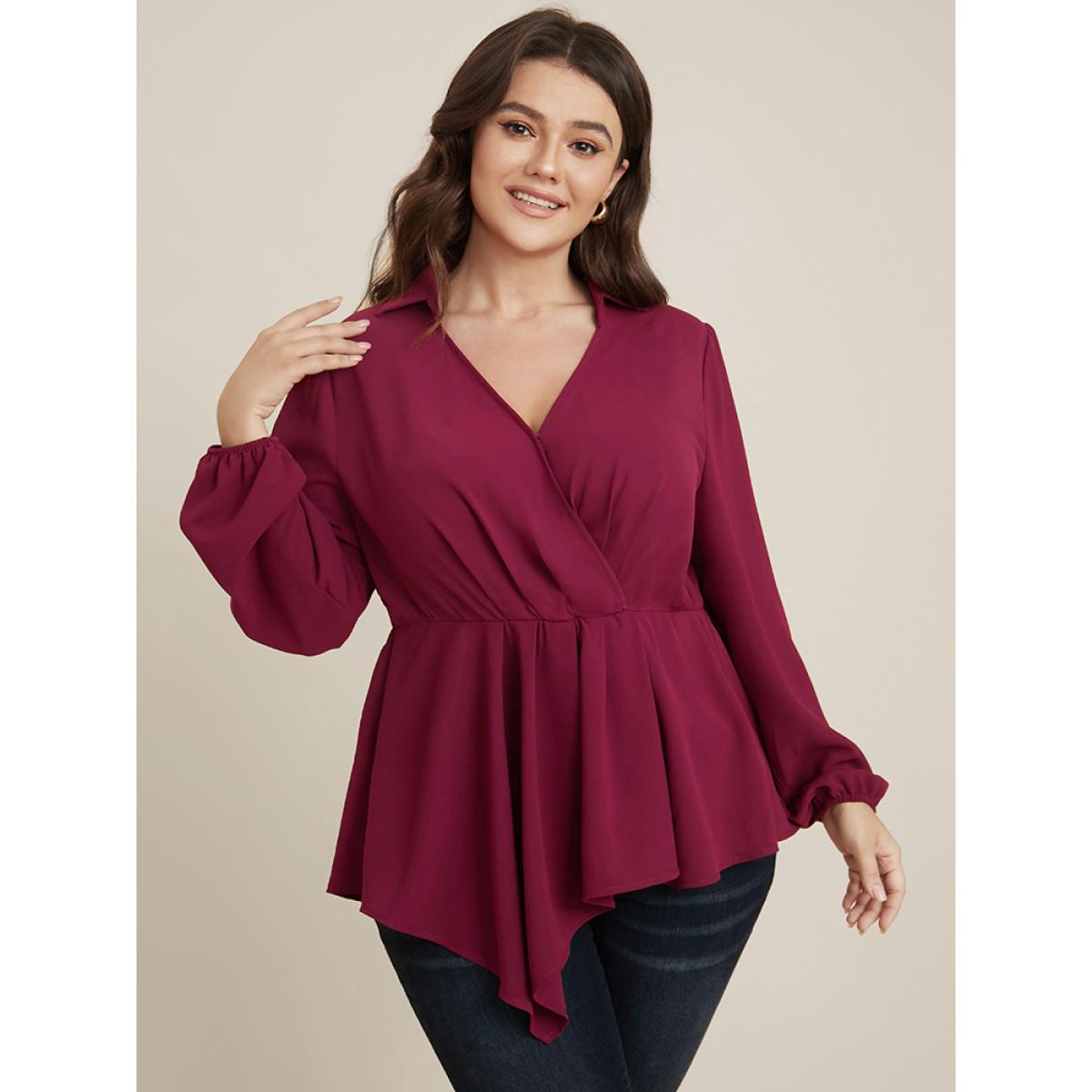 Plus Size Scarlet Solid Lantern Sleeve Surplice Neck Asymmetrical Hem Blouse Women Office Long Sleeve V-neck Work Blouses BloomChic 12/L Product Image