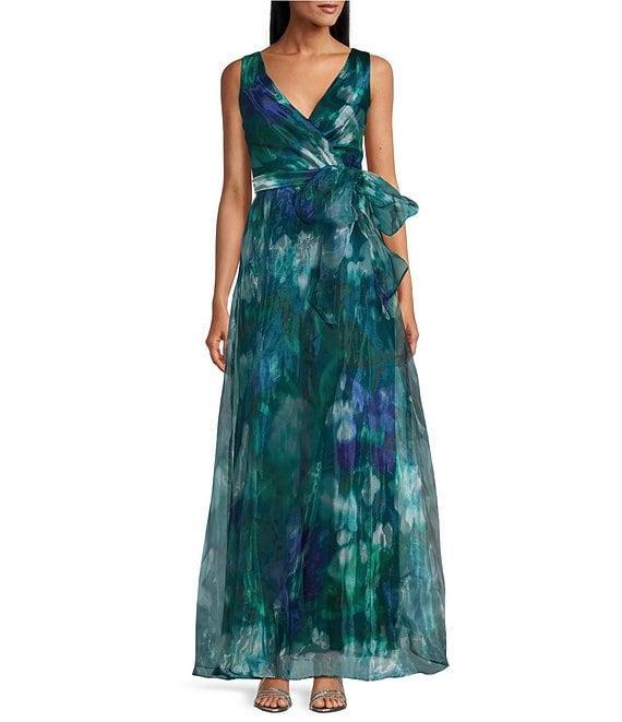 R & M Richards Petite Size Floral Print V-Neck Sleeveless Organza Belted Gown Product Image