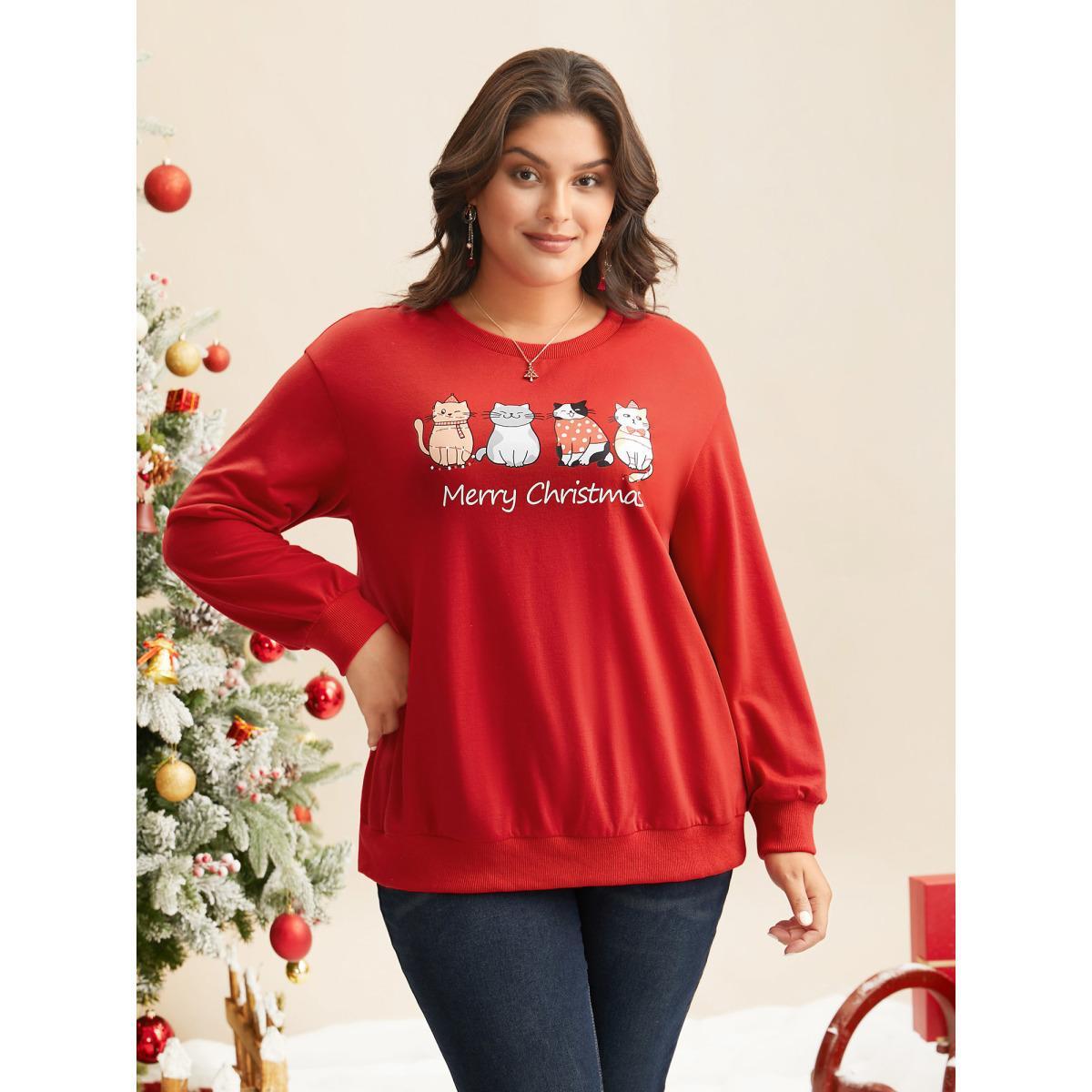 Plus Size Festive Cats Print Relaxed Fit Sweatshirt Women Brightred Casual Non Round Neck Everyday Sweatshirts BloomChic 14-16/1X Product Image