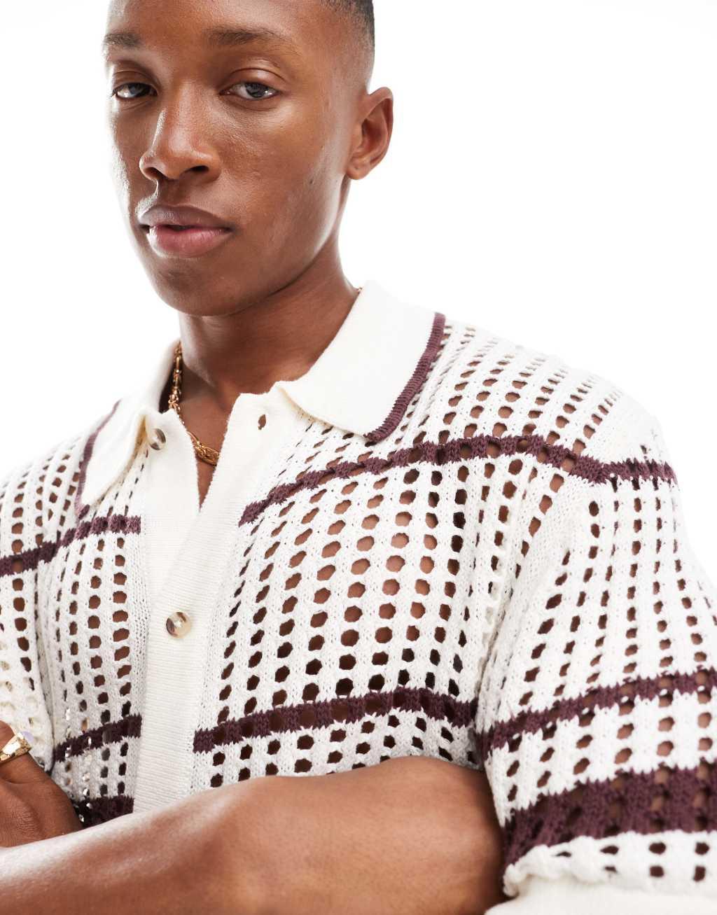 Cotton On pablo short sleeve knitted shirt in cream stripe Product Image