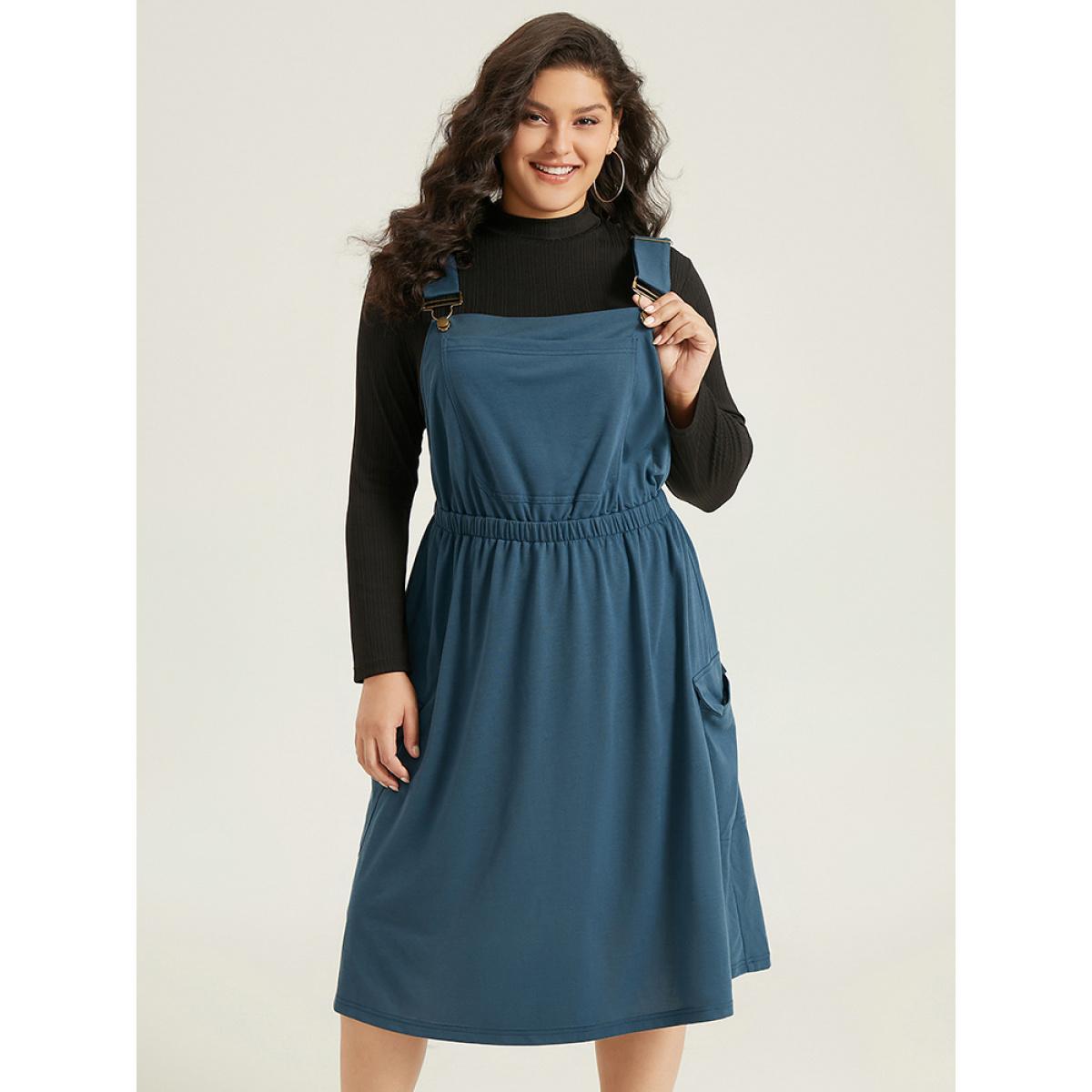 Plus Size Solid Adjustable Straps Elastic Waist Dress Indigo Women Casual Adjustable Straps Spaghetti Strap Sleeveless Curvy Midi Dress BloomChic 22-24/3X Product Image