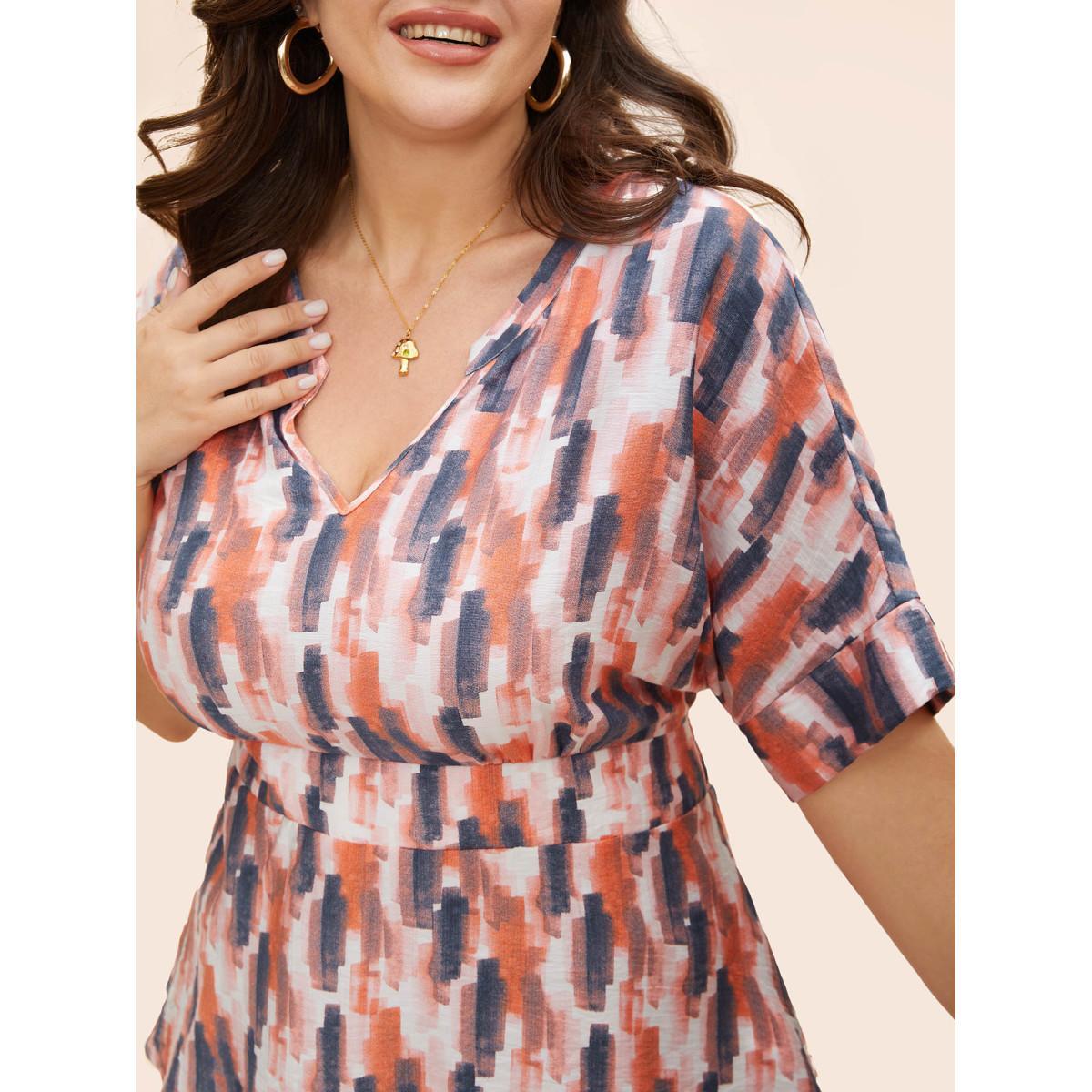 Plus Size OrangeRed Brush Print Shirred Split Neck Blouse Women Casual Half Sleeve Flat collar with V-notch Everyday Blouses BloomChic 12/L Product Image