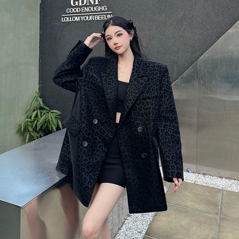 Lapel Collar Leopard Print Double Breasted Blazer Product Image