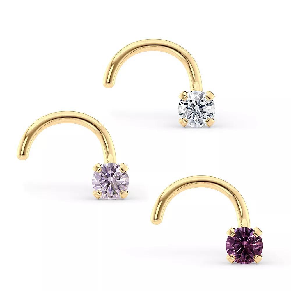 Lila Moon 14k Gold Purple & White Cubic Zirconia Curved Nose Studs Trio, Women's Product Image