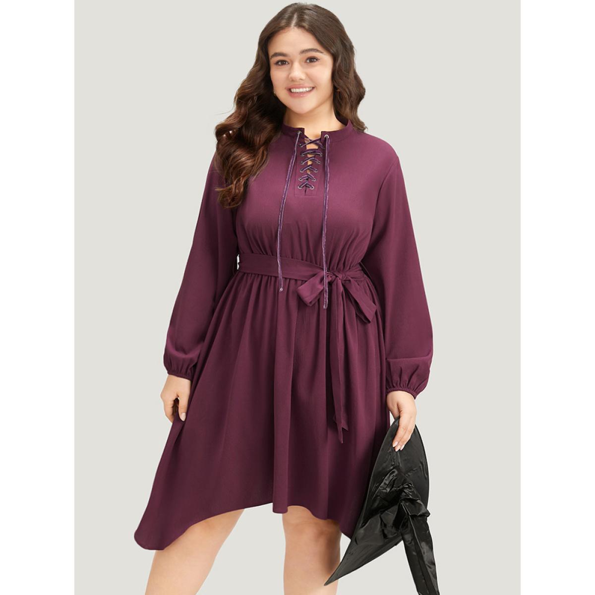 Plus Size Halloween Plain Lantern Sleeve Belted Lace Up Asymmetrical Hem Dress Purple Women Office Elastic cuffs Tie Neck Long Sleeve Curvy Knee Dress BloomChic 12/L Product Image