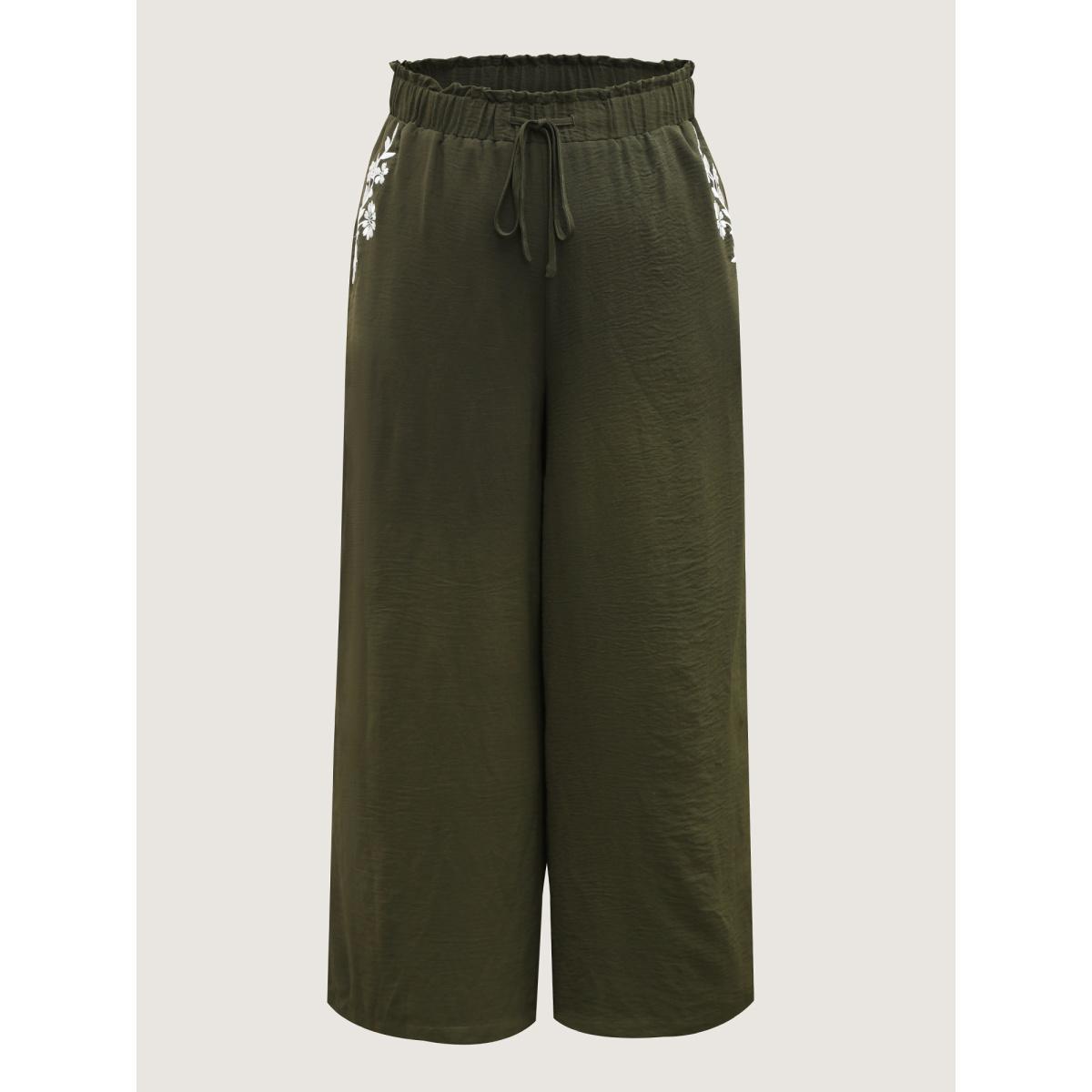 Plus Size Floral Embroidered Pockets Wide-Leg Pants Women ArmyGreen Casual Loose Mid Rise Everyday-Casual Pants BloomChic 10/M Product Image